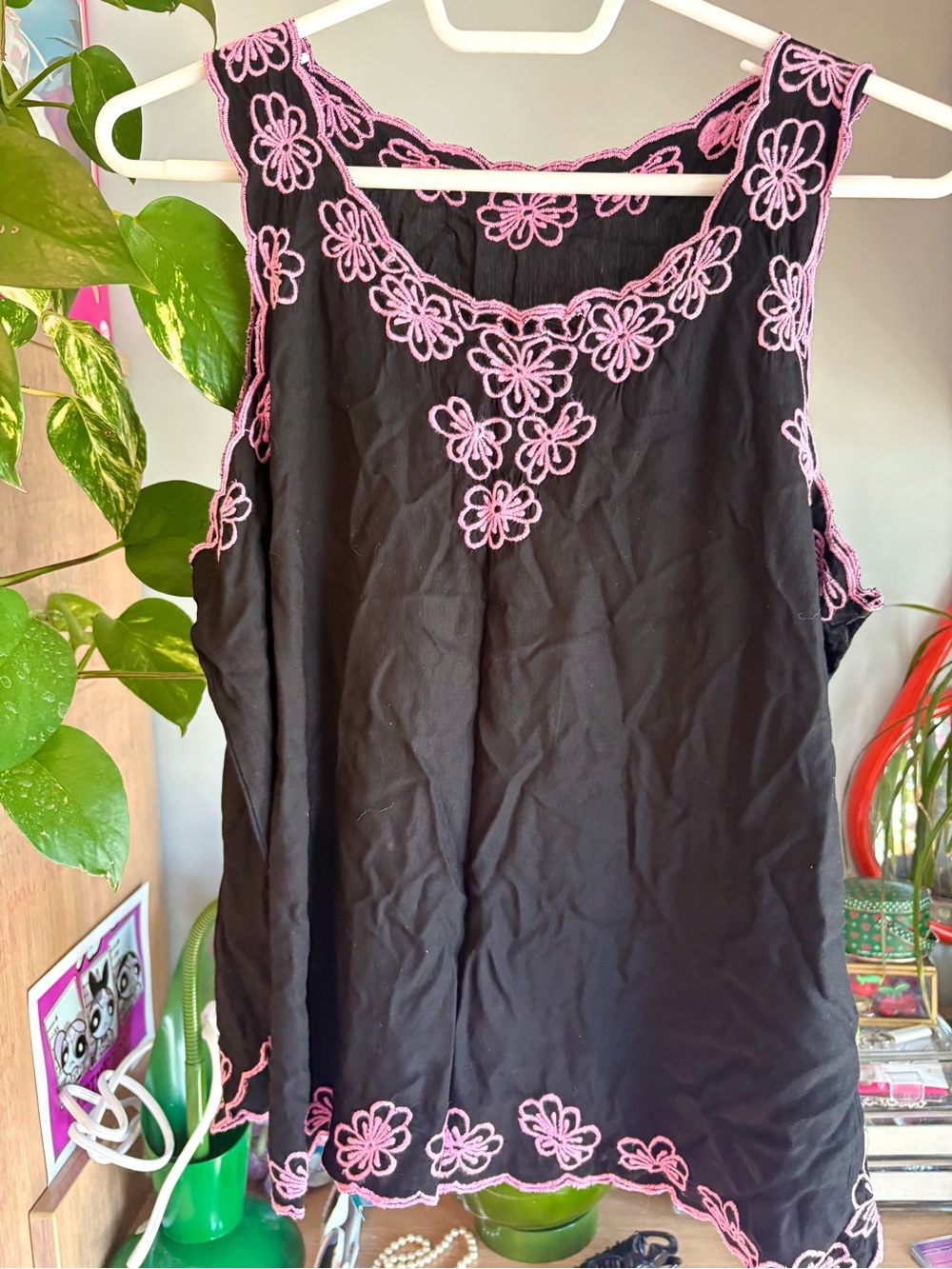 Vintage Black Sleeveless babydoll Top with Pink Floral Embroidery